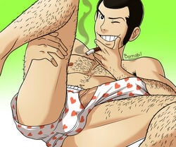 1boy armpit_hair arsene_lupin_iii black_hair body_hair boner bulge cocky cocky_smile crotch erection hairy_arms hairy_chest hairy_legs human human_only lupin_barnabi lupin_iii male male_only penis penis_under_clothes sideburns smile smiling_at_viewer smoke smoking solo topless underwear wink