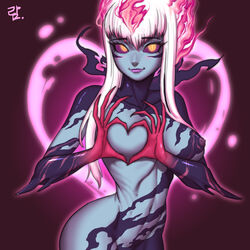 blush breasts claws demon_girl evelynn eyelashes female fiery_hair heart heart-shaped_boob_challenge highres league_of_legends long_hair multicolored_skin navel nipples nude pink_hair purple_sclera ranger_squirrel sidelocks slit_pupils smile solo succubus two_tone_hair white_hair yellow_eyes