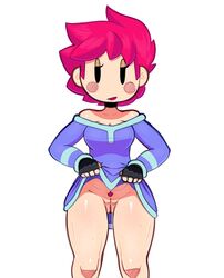 1girls bare_shoulders bottomless clothed earthbound female female_only kumatora light_skin looking_at_viewer mob_face mostly_clothed mother_(series) mother_3 nintendo no_panties no_pants pink_hair pubic_hair pubic_tuft pussy pussy_juice revealing_pussy shirt short_hair simple_background solo somescrub sweat sweating upskirt vagina