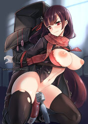 arms_behind_back bar_censor black_legwear blush bondage bound bound_arms breasts censored chocolate_hair dildo egg_vibrator female girls'_frontline hair_ribbon half_updo hitachi_magic_wand inverted_nipples kneeling large_breasts long_hair luggage navel nipples phandit_thirathon puffy_nipples red_eyes red_ribbon ribbon scarf solo thighhighs torn_clothes torn_thighhighs very_long_hair vibrator wa2000_(girls'_frontline)