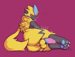 1boy 2017 animal_genitalia animal_penis anthro anus ass barbed_penis blue_eyes blush claws d-sui erection feline fur furry legendary_pokémon male male_only male_zeraora mammal multicolored_fur nintendo nude paws penis pokémon_(species) pokemon pokemon_usm simple_background solo solo_male testicles video_games yellow_fur zeraora