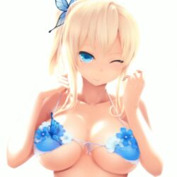 1:1 1girls asymmetrical_hair bikini_top blonde_hair blue_eyes boku_wa_tomodachi_ga_sukunai bra breasts butterfly butterfly_hair_ornament cait dancing large_breasts large_filesize one_eye_closed photoshop ponytail revealing_clothes ribbon sena_kashiwazaki shaking_breasts short_hair side_ponytail smile solo stroke_(animator) tied_hair white_background wink