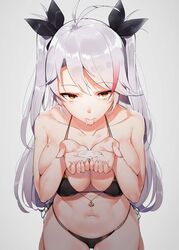 3: ahoge anchor azur_lane bikini black_bikini blurry breasts brown_eyes cleavage closed_mouth collarbone cowboy_shot cum cum_cup cum_in_hands cum_in_mouth cupping_cum cupping_hands depth_of_field eyebrows_visible_through_hair female foreshortening grey_background hair_ribbon halterneck highres large_breasts long_hair looking_at_viewer mole mole_on_breast multi-strapped_bikini multicolored_hair navel orihi_chihiro prinz_eugen_(azur_lane) ribbon side-tie_bikini silver_hair simple_background sitting solo streaked_hair swimsuit two_side_up