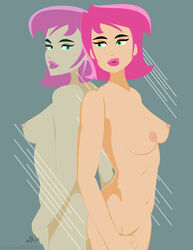 1girls 2007 big_breasts breasts darklightsun erin_esurance esurance female green_eyes guy_ainge hairless_pussy light-skinned_female light_skin lipstick makeup mascot mirror nipples nude pink_hair pink_lips pink_lipstick reflection shaved_pussy solo standing