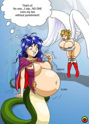 2girls big_belly big_breasts bleu breath_of_fire capcom cleavage clothing deis implied_vore lamia large_breasts monster_girl multiple_girls naga nina_(breath_of_fire_i) stomach_bulge tagme vore vore_belly winged_humanoid