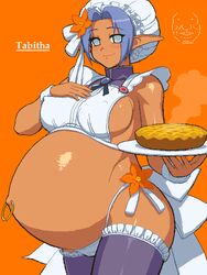 aliasing breasts cameltoe clothing elf eyebrows_visible_through_hair flower hair_flower hand_on_breast harvest_moon hoop_ring hyper_pregnancy large_breasts maid maid_cap maid_uniform mascara navel_piercing navel_ring nipple_bulge nipples_visible_through_clothing oekaki outie_navel panties pie plate pointy_ears pokies pregnant ready_to_pop rune_factory shiny_skin smile steam tabatha tabatha_(rune_factory) tan tenseiani thong