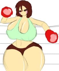 1girls 2d aged_up black_eyes boxing boxing_gloves boxing_ring chara doctordrawnass female gloves heart huge_breasts intimidating red_boxing_gloves red_gloves short_hair shorts smiling_at_viewer smug solo tagme thick_thighs undertale undertale_(series)