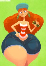 1girls ass bare_shoulders big_ass big_butt blue_eyes bottom_heavy carmessi curly_hair denim_shorts eyebrows eyewear_removed female female_only front_view ginger green_background hat hips huge_ass huge_butt huge_thighs human human_only humanoid hyper hyper_ass hyper_butt hyper_hips inner_workings jean_shorts kate_(inner_workings) large_ass large_butt long_legs looking_at_viewer massive_ass red_hair shorts simple_background smile smiling solo solo_female standing sunglasses sunglasses_removed tan_skin thick thick_ass thick_thighs thighs thin_waist tight_clothing wide_hips