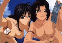 2girls 90s beach black_hair breasts brown_eyes brown_hair clouds curvaceous duo edit erect_nipples female female_only human large_breasts light-skinned_female light_skin long_hair looking_at_viewer miyuki_kobayakawa multiple_girls nakajima_atsuko natsumi_tsujimoto nipples nude nude_filter ocean official_art photoshop police policewoman presenting pubic_hair short_hair sky taiho_shichauzo text water