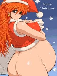 1girls aliasing ass asuka_langley_sohryu backside bell_earrings blue_eyes bottomless christmas clothing erect_nipple erect_nipples erect_nipples_under_clothes eyebrows_visible_through_hair eyes_visible_through_hair female female_only hyper_pregnancy large_breasts long_hair looking_at_viewer looking_back lowres mascara neon_genesis_evangelion night nipples_visible_through_clothing oekaki outside pregnant presents ready_to_pop red_eyebrows red_hair sack santa_coat santa_hat shiny_skin sideboob smile snowing solo tenseiani vest