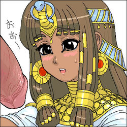 aliasing black_eyeshadow blue_eyeshadow blush blushing braids brunette circlet clothing earrings egyptian eyebrows_visible_through_hair frenulum gold_choker gold_earrings gold_jewelry gold_necklace hair_ornament imminent_fellatio imminent_oral ipunefer japanese_text long_hair looking_at_penis lowres mascara oekaki onomatopoeia ooparts♥love royalty sweatdrop tan_skin tenseiani translation_request white_background