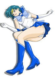 1girls ami_mizuno bishoujo_senshi_sailor_moon blue_eyes blush boots choker circlet clothing defeated_heroine elbow_gloves female female_only gloves knee_boots lying_on_ground mr._r_(2ch's_sailor_moon_thread) panties sailor_mercury skirt small_breasts smooth_skin solo tagme teal_hair