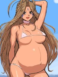 belldandy blue_markings brown_eyebrows brown_hair clouds daytime facial_markings female grey_eyes hand_on_head looking_at_viewer lowres nipples_visible_through_clothing ocean oekaki oh_my_goddess! outie_navel outside pink_bikini pink_choker pose pregnant ready_to_pop shiny_skin sky small_breasts string_bikini sun swimsuit tenseiani thigh_gap very_long_hair