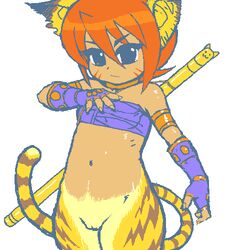 aliasing breath_of_fire breath_of_fire_ii capcom cheek_markings clothing cute elbow_gloves eyebrows_visible_through_hair eyes_visible_through_hair fingerless_gloves flat_chest flat_chested gold_armlet gold_collar gold_jewelry hand_on_chest huge_eyes inner_ear_fluff katt looking_at_viewer lowres mascara navel orange_eyes orange_hair orange_markings purple_bra purple_gloves ribs rinpoo_chuan shiny_skin staff strap strapless_bra tan_skin tenseiani thick_eyebrows white_background woren