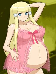 1girls 2007 aliasing arm_behind_head big_breasts black_eyebrows blonde_hair blue_eyes breasts cameltoe clitoral_hood curvaceous dianna_soreil female gundam hand_on_hip human hyper_pregnancy large_breasts light-skinned_female light_skin lingerie long_hair looking_at_viewer lowres mascara negligee nightgown nipples oekaki olive_background panties pink_dress pink_panties pink_ribbon pregnant presenting queen ready_to_pop see-through shiny_skin smile solo tenseiani turn_a_gundam underwear very_long_hair