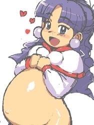 1girls bangs belly black_eyebrows blue_eyes blue_hair blush blush_stickers bottomless clenched_hands clothing eyebrows_visible_through_hair game_arts grandia half-dressed hearts jacket lilac_pearls long_hair long_sleeves lowres mascara oekaki open_smile outie_navel pearl_earrings pregnant puffy purple_hair shiny_skin sketch solo sue tenseiani thick_eyebrows wavy_hair white_background