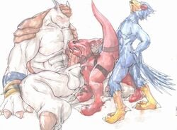 anthro ass breath_of_fire breath_of_fire_ii buggery color crossover digimon falco_lombardi furry furry_only gay guilmon interspecies male male_only multiple_males nude oral_sex penis pheasant rand_(breath_of_fire) sitting standing star_fox testicles threesome yaoi