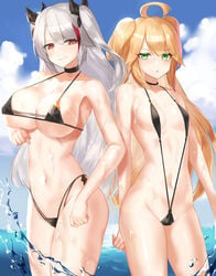 2020 2girls admiral_hipper_(azur_lane) ahoge azur_lane beach bikini black_bikini blonde_hair bow breast_hold breasts choker cleavage cloud eyebrows_visible_through_hair female female_only green_eyes hair_ribbon highlights highres iron_blood_(azur_lane) large_breasts light-skinned_female light_skin long_hair looking_at_another looking_at_viewer moroes multiple_girls navel ocean open_mouth outdoors pointy_chin prinz_eugen_(azur_lane) prinz_eugen_(unfading_smile)_(azur_lane) red_eyes red_highlights ribbon shiny shiny_skin side-tie_bikini silver_hair size_difference sky sling_bikini small_breasts smile standing sunlight sweat swimsuit thick_thighs thighs tied_hair twintails two_tone_hair underboob very_long_hair water wet