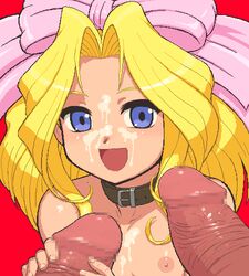 aliasing big_bow blonde_eyebrows blonde_hair blue_eyes bow breasts censored collar cum cum_on_breasts cum_on_chest cum_on_face disembodied_penis flat_chest flat_chested hairbow handjob iris_chateaubriand looking_at_viewer mascara mosaic_censoring nipples nude oekaki open_smile penis pink_bow red_background red_entertainment sakura_wars sega shiny_skin tenseiani thick_penis