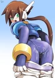 aile ass blush bodysuit brown_hair capcom cum cum_on_ass cum_on_clothes female green_eyes long_hair mega_man mega_man_zx mega_man_zx_advent ponytail saito-kun92 shoutaro_saito