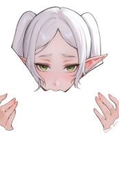 2girls absurdres artist_name blank_censor censored commentary cunnilingus english_commentary female_pov frieren green_eyes highres implied_cunnilingus long_hair looking_at_viewer meme multiple_girls negative_space_cunnilingus_(meme) oral paid_reward_available parted_bangs pointy_ears pov pov_crotch quilm sidelocks simple_background solo_focus sousou_no_frieren straight-on white_background white_hair yuri