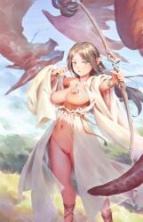 1girls 2d alternate_version_available bad_link bigrbear blue_sky bow_(weapon) bracelet breasts brown_hair cleft_of_venus color day dragon earrings elf elf_female female full_color green_eyes highres holding holding_bow_(weapon) holding_weapon jewelry large_breasts long_hair navel nipple_piercing nipples original outdoors piercing pointy_ears pussy sky solo standing uncensored variant_set weapon
