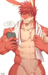 2017 abs anthro biceps cellphone digital_media_(artwork) fur lagomorph male male_only mammal muscular muscular_male pecs phone rabbit rabbity solo towel