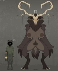 ace_(claweddrip) american_mythology anthro antlers big_breasts bodily_fluids bone breasts claweddrip duo female female_anthro genital_fluids hi_res horn huge_breasts human indigenous_north_american_mythology larger_anthro larger_female male male_human mammal monster multi_nipple mythology neck_tuft nipples north_american_mythology pubes size_difference skull skull_head small_waist smaller_human smaller_male standing tuft vaginal_fluids wendigo yellow_eyes