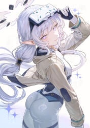 ariko_(aaaaarik) ass blue_archive blunt_bangs bodysuit breasts brown_jacket closed_mouth commentary cowboy_shot floating_clothes floating_hair from_side glint grey_hair hair_tubes halo head-mounted_display highres himari_(armed)_(blue_archive) himari_(blue_archive) jacket light_blush long_hair long_pointy_ears long_sleeves looking_at_viewer mole mole_under_eye official_alternate_costume open_clothes open_jacket pointy_ears purple_eyes skin_tight small_breasts small_sweatdrop smile solo standing turning_head very_long_hair white_bodysuit