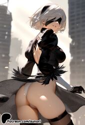 ai_generated ass back_cutout black_blindfold black_dress black_hairband blindfold dress feather-trimmed_sleeves feather_trim female gloves hairband leotard medium_breasts mole mole_under_mouth nier nier:_automata nier_(series) short_hair silver_hair sunori thighhighs thong_leotard white_leotard yorha_2b
