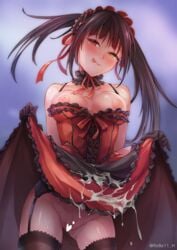 1girls :p :q bangs bare_shoulders black_gloves black_legwear black_neckwear blush breasts breasts_out censored closed_mouth contrapposto cum cum_on_clothes date_a_live dress dress_lift eyebrows_visible_through_hair facial female female_only frilled_dress frills garter_belt gloves gluteal_fold groin hairband head_tilt heart heart_censor heterochromia highres lifted_by_self lips lolita_fashion lolita_hairband long_hair looking_at_viewer medium_breasts naughty_face neck_garter nipples no_panties pussy rebe11 red_dress red_eyes shiny shiny_skin sleeveless sleeveless_dress smile solo standing tokisaki_kurumi tongue tongue_out twintails twitter_username yellow_eyes