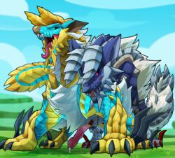 all_fours blitzdrachin blue_scales capcom cum cyan_scales dragon fanged_wyvern feral feral_on_feral knot male monster monster_hunter monster_hunter_3_ultimate monster_hunter_portable_3rd multicolored_scales penis scales source_request stygian_zinogre video_games yaoi yellow_scales zinogre