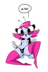 :3 arthropod blush breasts disney disney_channel english_text fly freckles gloves herny insect looking_at_viewer maggie_pesky nipples pink_hair pink_legwear purple_skin small_breasts the_buzz_on_maggie thighhighs thong toon_disney