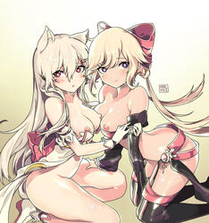 2girls absurdres animal_ears arm_garter bare_shoulders black_legwear boots bottomless bow breasts bright_pupils closed_mouth cum cum_on_body cum_on_breasts cum_on_lower_body cum_on_upper_body detached_sleeves elsword eve_(elsword) facial_mark from_side garter_straps gloves gradient gradient_background hair_between_eyes hair_ornament hairbow hairclip heart heart-shaped_pupils highres kneeling light_brown_hair looking_at_viewer low_twintails malpoi multiple_girls nipple_slip nipples pink_eyes platinum_blonde_hair purple_eyes simple_background smile strapless symbol-shaped_pupils thighhighs tubetop twintails white_gloves white_pupils