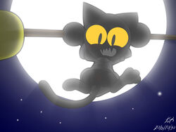 2016 broom clothing cute_fangs feline female halloween holidays kitsoone looking_at_viewer magic magic_cat_academy mammal momo_(google) moon pussy yellow_eyes