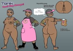 1girls anus apron ass barista breasts cam_(artist) camhamsunite chubby_female dark-skinned_female female nipple_piercing nude_female pussy reference_image shaved_head smile tattoo visor_cap
