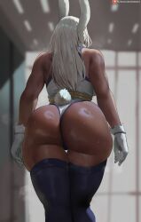 1girls animal_ears ass ass_focus bare_shoulders big_ass big_breasts blurry blurry_background boku_no_hero_academia breasts commentary dark-skinned_female dark_skin english_commentary facing_away female female_only from_behind fur_collar gloves highleg highleg_leotard highres huge_ass indoors large_breasts leotard long_hair mirko miruko my_hero_academia oroborus oroborusart patreon_username purple_thighhighs rabbit_ears rabbit_girl rabbit_tail savagexthicc skindentation solo steaming_body sweat tail tail_through_clothes taut_leotard thick_thighs thigh_gap thighhighs thighs toned toned_female white_gloves white_hair white_leotard