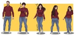 ! 1boy 1girl ? ?? ass breast_expansion breast_growth brown_hair denim facial_hair full_body gender_transformation genderswap genderswap_(mtf) hair_growth height_reduction hip_expansion hips jeans long_hair mtf_transformation mustache pants plaid plaid_shirt red_shirt sequence shoes shrinking standing transformation transformation_sequence wide_hips wixedecho yellow_background