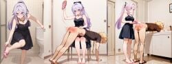 1boy 1girls 3koma aether_(genshin_impact) ai_generated angry ass bdsm blue_eyes blush bondage bottomless citlali_(genshin_impact) closed_eyes femdom frostybn genshin_impact lying_on_lap open_mouth over_the_knee over_the_knee_spanking pink_pupils sadism sandals spanked spanked_butt spanking submissive_male testicles toenail_polish