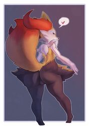 1boy 2017 anthro ass barefoot big_ass big_tail biped black_fur border braixen canine cheek_tuft collaboration digital_media_(artwork) dipstick_tail femboy fluffy fluffy_tail fur furry giaru_(artist)_furaffinity grey_background heart hi_res long_tail looking_at_viewer looking_back male male_only mammal multicolored_fur multicolored_tail nintendo nude outside_border pictographics pokémon_(species) pokemon pokemon_(species) pokemon_xy rear_view red_eyes red_tail simple_background solo suelix testicles tuft two_tone_tail video_games white_border white_fur yellow_fur yellow_tail