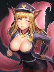 1girls ;d ahri blonde_hair erect_nipples female female_only fox_ears fox_girl fox_tail highres inviting large_breasts league_of_legends looking_at_viewer nipple_peek nipples no_bra one_breast_out popstar_ahri riot_games solo spichis teasing winking