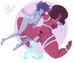 2girls afro anal_insertion big_breasts black_hair blue_hair blue_skin blush breast_lick breast_squeeze dark-skinned_female double_penetration drooling eyes_half_open garnet_(steven_universe) gem_(species) gem_fusion half-closed_eyes hands_behind_back lapis_lazuli_(steven_universe) meru multiple_girls nipple_licking open_mouth red_skin restrained small_breasts steven_universe tagme tentacle thick_thighs thigh_grab wet_pussy yuri