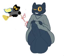 2016 anthro anthromaster balls big_balls big_penis broom clothed clothing collaboration cute_fangs feline halloween holidays huge_balls hyper kingly_(artist) magic magic_cat_academy male mammal momo_(google) one_eye_closed penis presenting rule_63 stairfacts wand wink yellow_eyes