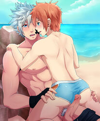 2boys beach blue_eyes gay justsyl muscles nathen orange_hair underwear yaoi