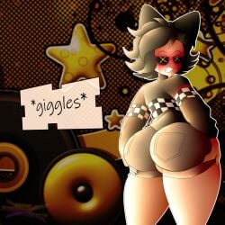 ass ass_focus big_ass big_butt blouse butt_focus cyn_(murder_drones) cyntessa_(murder_drones) female female_focus female_only frutiger_metro glitch_productions jeans_shorts lifting_ass murder_drones nyrezu silly silly_face smiling thicc thicc_ass thicc_thighs thick thick_ass thick_thighs thought_bubble yellow_background yellow_eyes