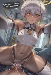 1boy 1girls ai_generated assertive_female bikini_bottom_only blush clothed_sex covered_nipples cowgirl_position crop_top cum cum_in_pussy cum_inside cum_overflow dark-skinned_female dialogue elbow_gloves english_text eternity_(nikke) expressionless female femdom goddess_of_victory:_nikke interrogation large_penis large_testicles male male/female malesub nipples penis pussy reaching_towards_viewer reverse_rape small_breasts speech_bubble submissive_pov sweat talking talking_to_viewer tan_lines testicles text thick_thighs thigh_boots vaginal_penetration vaginal_sex viewer_pov wide_hips
