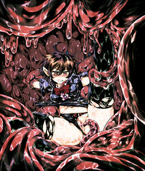 ahoge alternate_hair_color ass bangs black_dress black_hair black_legwear black_panties bow bowtie breasts brown_hair censored clenched_teeth clitoral_stimulation cute_fang dress dress_lift female gradient_hair hair_between_eyes imminent_rape leg_lift legwear looking_down mosaic_censoring multicolored_hair navel nue_houjuu panties panties_aside pink_lips pointy_ears pussy red_eyes red_neckwear restrained satozaki_(wonda_h) short_dress slime small_breasts solo spread_legs stomach teeth tentacles thighhighs thighs torn_legwear touhou underwear