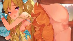 ass blonde_hair breasts censored dmm female game_cg gloves long_hair looking_back nipples one_leg_up purple_eyes red_corruption saliva sex skirt_lift vaginal_penetration