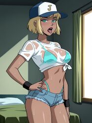 2025 ai_generated bedroom_background belly black_bracelets black_eyebrows blonde-haired_female blonde_female blonde_hair_female blue_and_white_cap blue_bikini_bottom blue_bikini_top blue_cap bra_visible_through_clothes bubbleteexl cartoon_network dark_red_lips dc_animated_universe eyebrows_visible_through_hair female_only galatea glaring_at_viewer green_eyes_female hand_on_hip house_background instagram inviting_viewer justice_league_unlimited letter looking_at_viewer meta panties_visible_through_clothing power_girl short_hair_female short_jeans tounge_out tummy warner_bros._animation wet_body wet_face wet_head wet_shirt white_cap