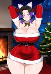 ai_generated armpits arms_behind_head arms_up big_breasts black_hair breasts christmas christmas_clothing christmas_outfit christmas_tree creamy_ai demon_slayer gloves hair kimetsu_no_yaiba kochou_shinobu light-skinned_female light_skin multicolored_hair purple_eyes purple_hair short_hair solo solo_female thick_thighs thighs